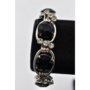 Vintage Black Faceted Crystal Bracelet Rhinestone Silver Tone Link 1960s BinBR